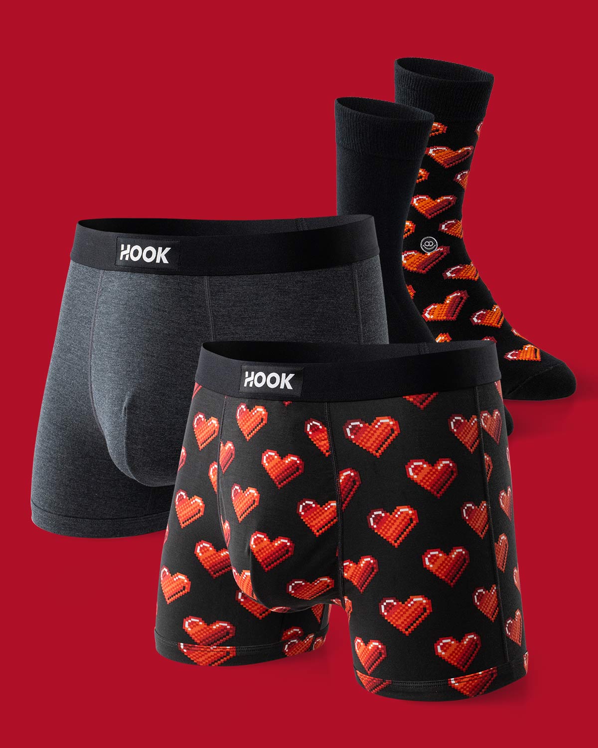 2 boxers courts & 2 paires de bas : Pixel Heart/charcoal