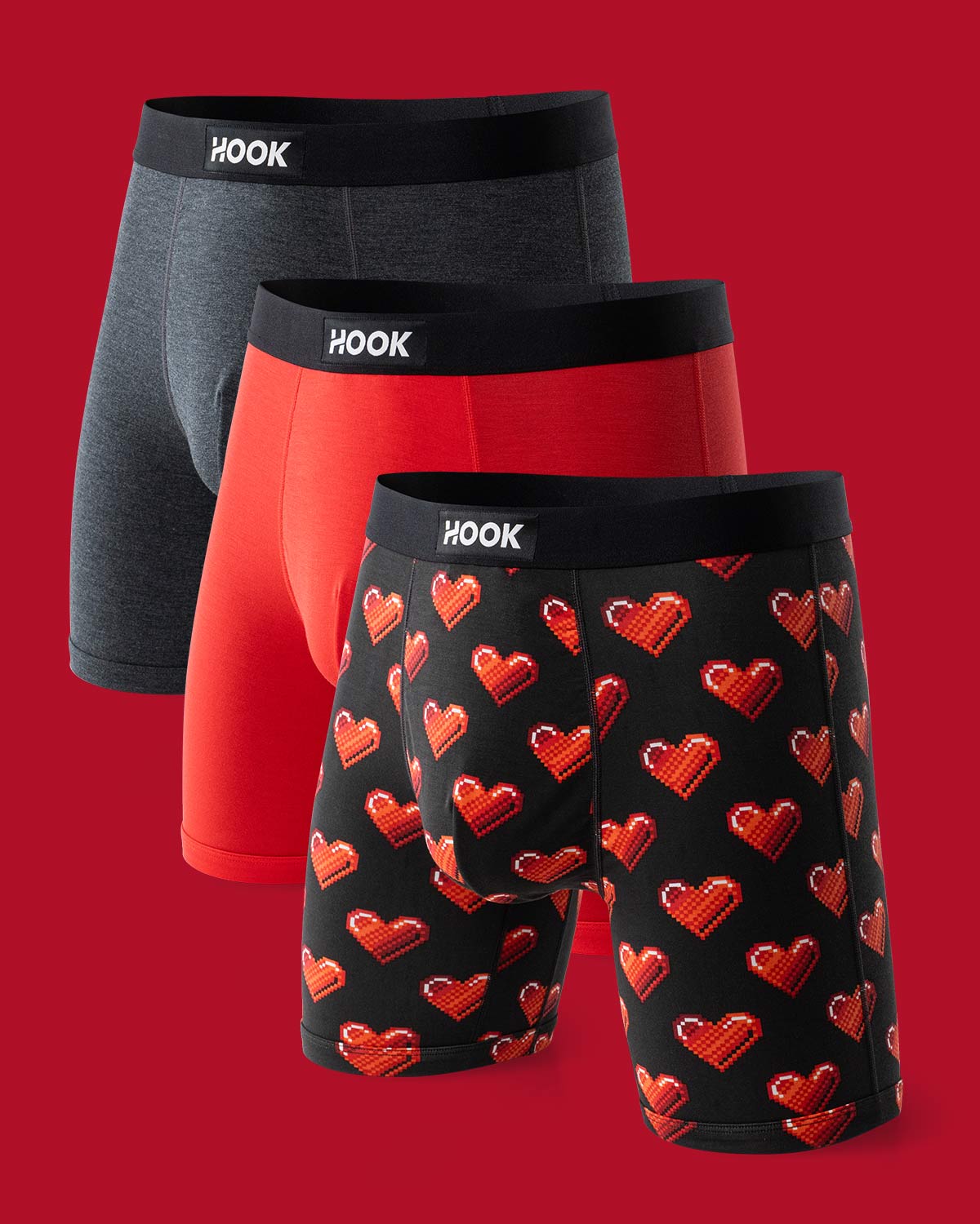 3 Valentine's Day boxers: Red, onyx black and pixel hearts