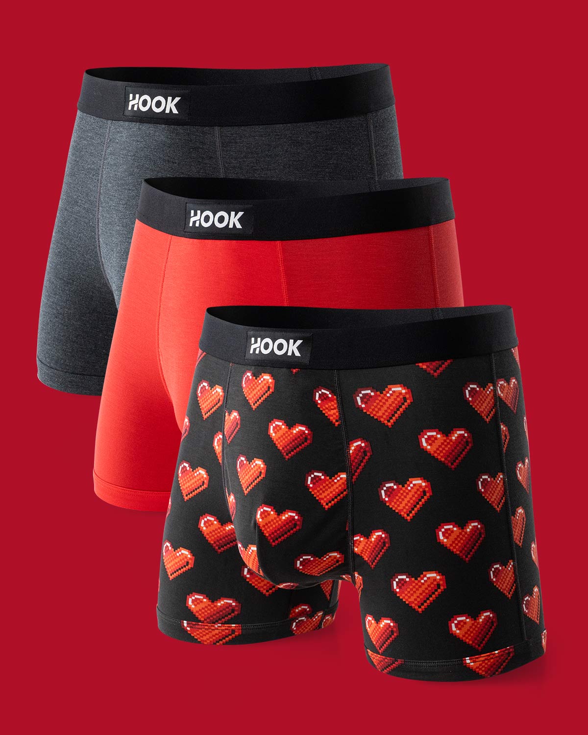 3 Valentine's Day boxer shorts: Red, onyx black and pixel hearts